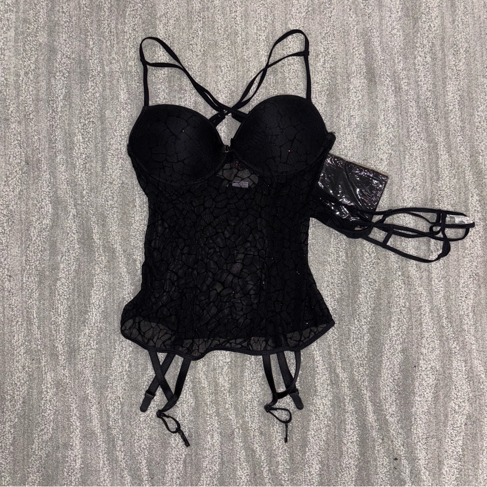 NWT Escante Collection Sheer Black Glitter Bustier W Thong & Stockings Women’s M